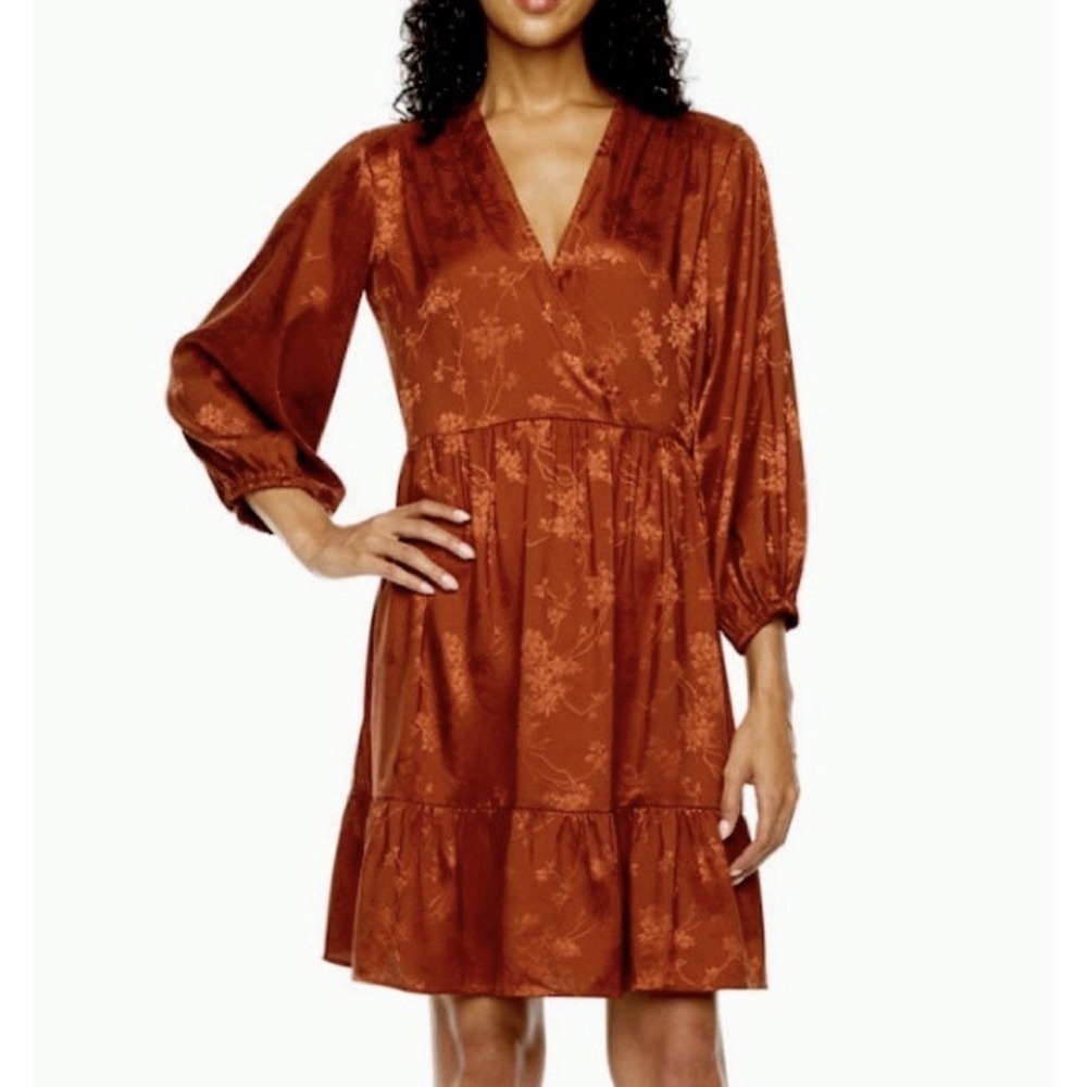 Woman's Babydoll Satin Dress Sz 12 L Burnt Orange Floral Tiered Mini Fall Winter